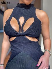Kliou Ribbed Hollow Out Tops Women Sexy Solid Mock Neck Sleeveless Undefined Cleavage Skinny T-shirt Streetwear Female Vest