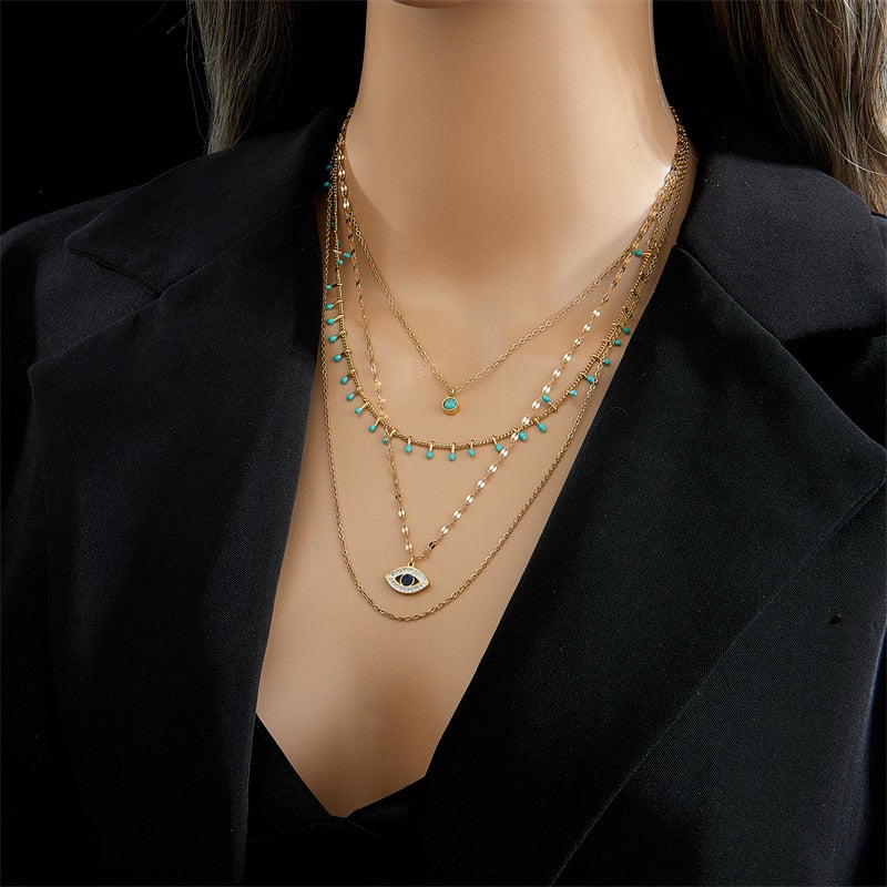 DIEYURO 316L Stainless Steel Jewelry Multilayer Green Stone Eye Necklaces For Women Vintage Chokers Party Gift Accessories