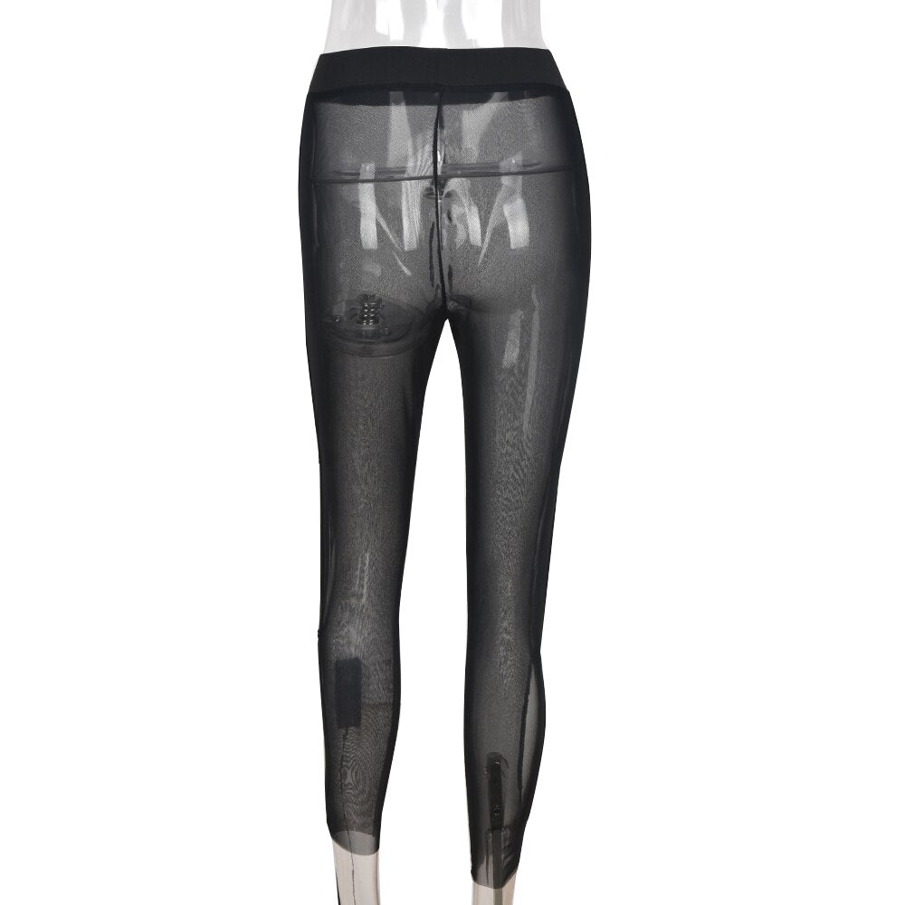 Sexy Mesh See Through Diamond Buttons Stretchy Leggings Women Hollow Out Skinny Pants 2022 Summer Harajuku Goth Black Trousers