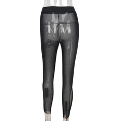 Sexy Mesh See Through Diamond Buttons Stretchy Leggings Women Hollow Out Skinny Pants 2022 Summer Harajuku Goth Black Trousers