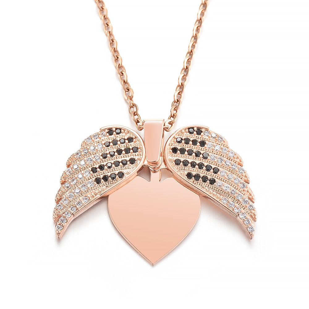 Personalized Women Chain Necklace Custom Engraved Heart Name Openable Heart Crystal Wings Pendant Neklace Valentine Day Gift