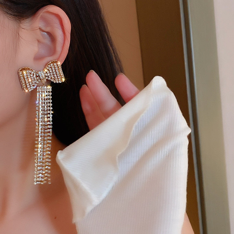 Evangeline Bow Tassel Crystal Earrings