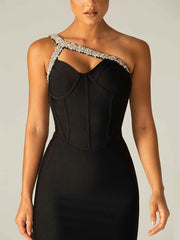 Sexy One Shoulder Diamond Hollow Bodycon Bandage Dress Elegant Crystal Strap Celebrity Club Party Black Dress vestido