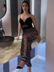 Articat Rhinestones Diamond Sexy Hollow Out Wide Leg Pants Women High Waist Transparent Casual Club Party Trousers Bottoms