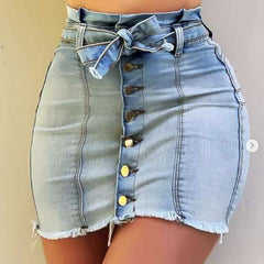 High Waist High Elastic Lace Up Denim Skirt Women Summer Single Breast Worn Blue Mini Skirts Sexy Package Hip Tassel Jeans Skirt