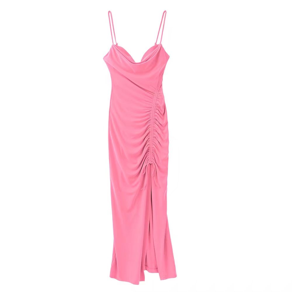 Dresses For Women Party Cowl Neck Sleeveless Spaghetti Strap Summer Midi Dress Ruched Drawstring Front Slit Sexy Bodycon Dress