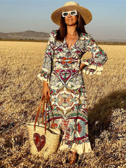 Women Chic Lace Up Print Ruffle Midi Dress Elegant Long Sleeve V Neck Dress 2022 Summer Office Lady Commuter Robe High Street