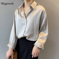 Silk Office Ladies Elegant Shirt Blouse Button Up Satin Shirt Vintage Long Sleeve Shirt