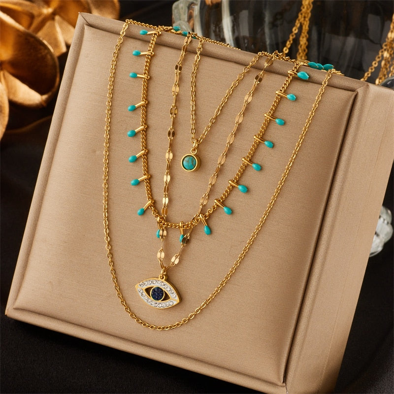DIEYURO 316L Stainless Steel Jewelry Multilayer Green Stone Eye Necklaces For Women Vintage Chokers Party Gift Accessories Secondary image