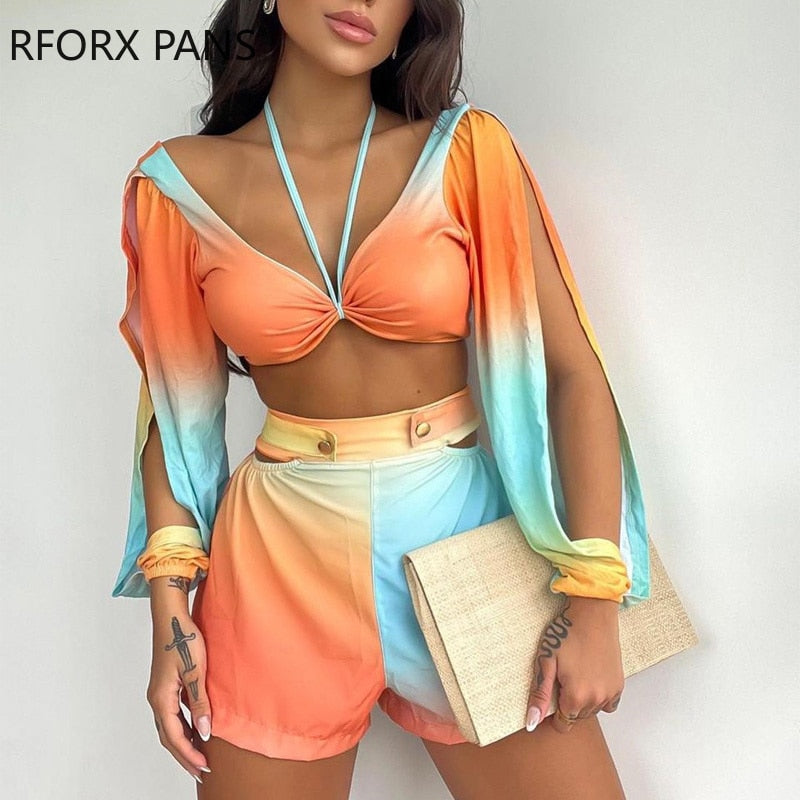 Women Chic Crop Top Gradient Colour Lace Up Long Asymmetrical Sleeves Mini Sexy Sweat Short Sets