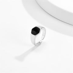 Simple Fashion Retro Hexagonal Black Glossy Ring Design Sense Men&#39;s Opening Adjustable Metal Ring Anniversary Gift Jewelry