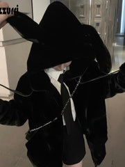 Nerazzurri Spring fluffy jacket with rabbit ears raglan sleeve zipper Oversize light soft harajuku kawaii faux fur hoodie 2021