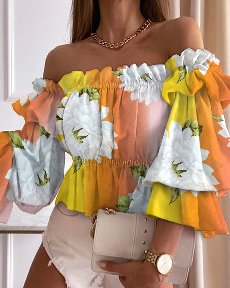 Summer Women Polka Dot Print Off Shoulder Shirred Top 2021 Elegant Femme Puff Sleeve Corset Blouse Lady Outfits y2k Tunics