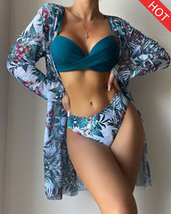 Floral Print Bikini Set - Low Waist Twist Swimsuit Long Sleeve Cover Up Three Pieces Beach Bathing Suit