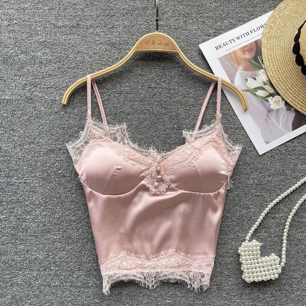 Women Satin Splicing Lace Camis Back Folds Tank Top Pink With Chest Pad Corset Backless Sleeveless Slim Bralette Sexy Crop Tops Main image