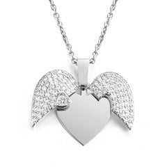 Personalized Women Chain Necklace Custom Engraved Heart Name Openable Heart Crystal Wings Pendant Neklace Valentine Day Gift