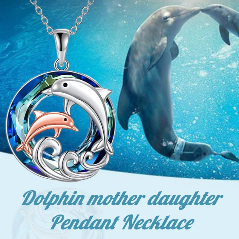 Ladies Fashion Animal Pendant Necklace Cute Mother Daughter Dolphin Crystal Jewelry Anniversary Birthday Mother's Day Gift