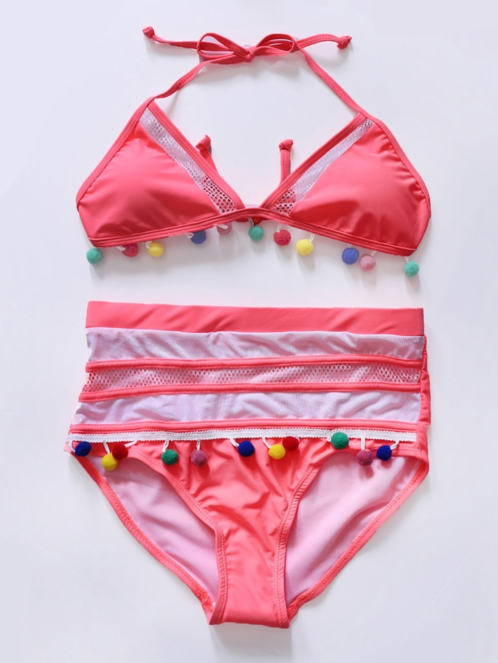 2022 Sexy Halter Retro Mesh Hollow Out String Biquini Bath Suit Swimsuit High Waist Pompones Pom Swimwear Women Triangle Bikini