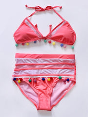 2022 Sexy Halter Retro Mesh Hollow Out String Biquini Bath Suit Swimsuit High Waist Pompones Pom Swimwear Women Triangle Bikini
