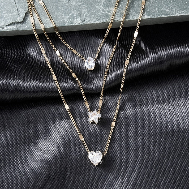 Crystal Zircon Heart Star Charm Layered Necklace