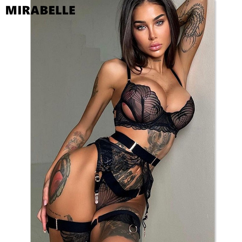 MIRABELLE Ruffles Sensual Lingerie Sexy Lace See Through Erotic Set Woman 3 Pieces Hollow Out Bra Underwear with Garters Outfits