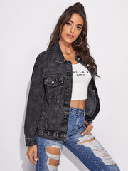 oose Retro Black Denim Jacket Streetwear Female Washed