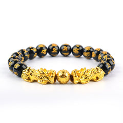 Unisex Stone Beads Bracelet Wristband Gold Color Six Character Proverbs Wealth and Good Luck