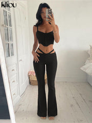 Kliou Knitted Elegant Two Piece Set Women Autumn Classic Button Camisole+Flare Pants Matching Outfit Lady Minimalist Clothing
