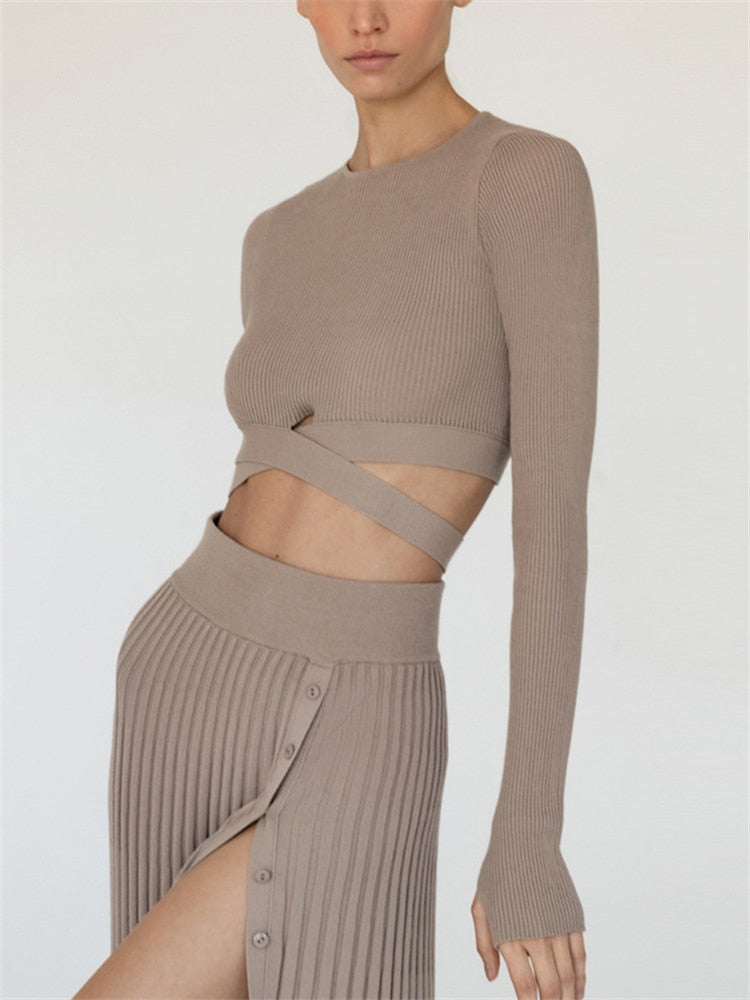 White Knit Two Piece Women Set Ribbed Crop Top And Pleated Knitted Skirt