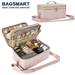 Split Leather Travel Makeup Case Double Layer Organizer Bag