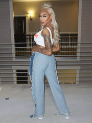 Taruxy Jeans Women Blue Patchwork High Waisted Ripped Jeans Autumn High Street Straight Long Pants Y2K Denim Pants Trousers