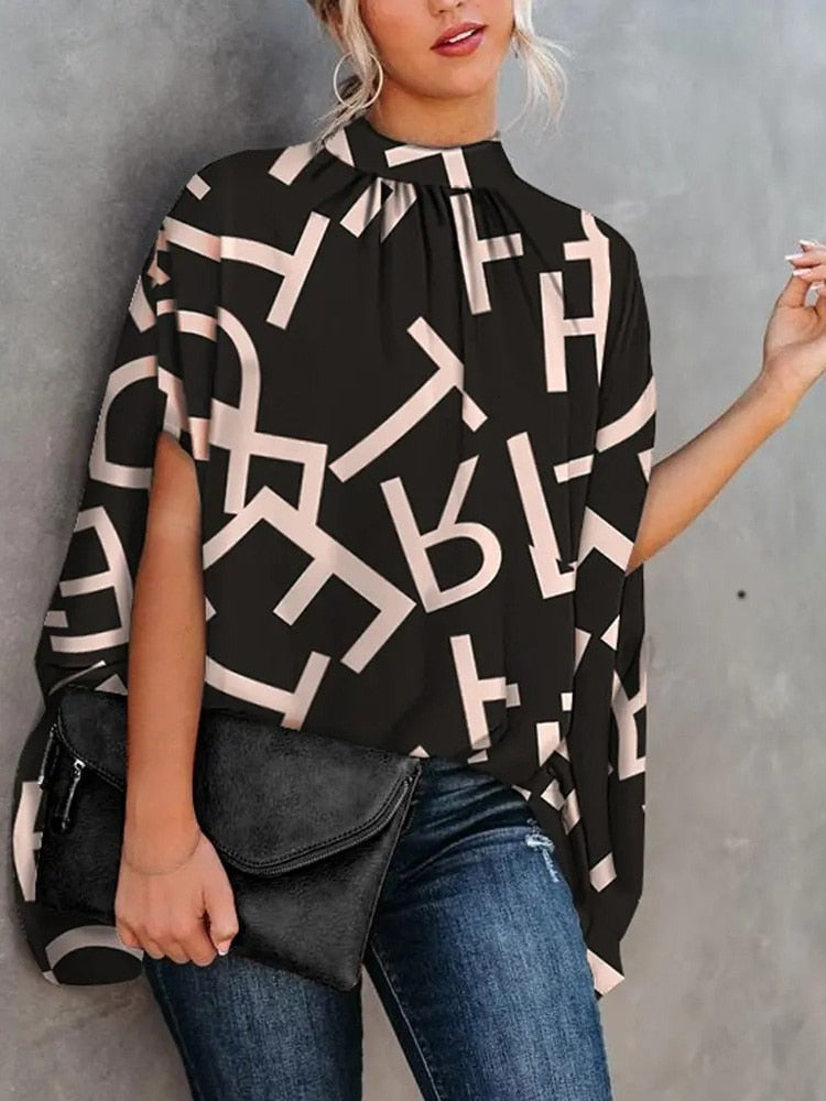 Casual Loose Women Blouse  Batwing Sleeve Print O-neck