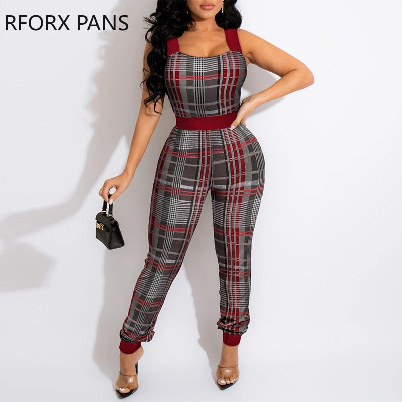 Women Elegant Casual Geo or Plaid Print Cami Sleeveless  Sexy Pencil Pants Jumpsuit