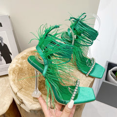 Eilyken Fashion Summer Rhinestone Feather Women Sandals Lace-up Cross-Tied Sexy Gladiator Square Toe Ladies High Heel Shoes