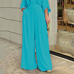 Jumpsuit Short Bat Sleeve V Neck Backless Nipped Waist Loose Wide Legs Casual Pants Romper