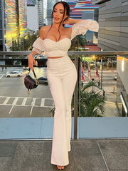 High Quality White Color Women Short Puff Sleeve Top Pants Set Royan Bandage Celebrity Fashion Women&#39;s Set