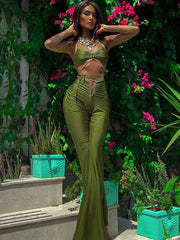 Cryptographic Green Sexy Bandage Crop Top and Flare Pants 2 Piece Sets Summer Club Fashion Outfits Women&#39;s Sets Matching Sets