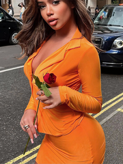 Articat Long Sleeve Single Button Lapel Top Wrap Skirt Two Pieces Set Female Orange T-Shirt Skirt Suit 2023 Spring Summer New