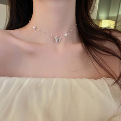 Fashion Butterfly Necklace for Women Pop Butterfly Pearl Pendant