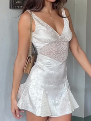 Articat Satin Lace Sheer White Slim A-line Tank Mini Dress Women Sexy V-Neck Printing Silk Suspender Dress 2023 Spring New OOTD