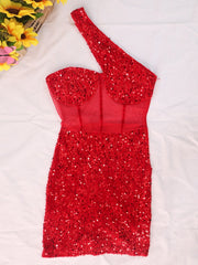 Sexy Glitter Sequined Mesh Patchwork Mini Dress Sleeveless One Shoulder Bodycon Dress