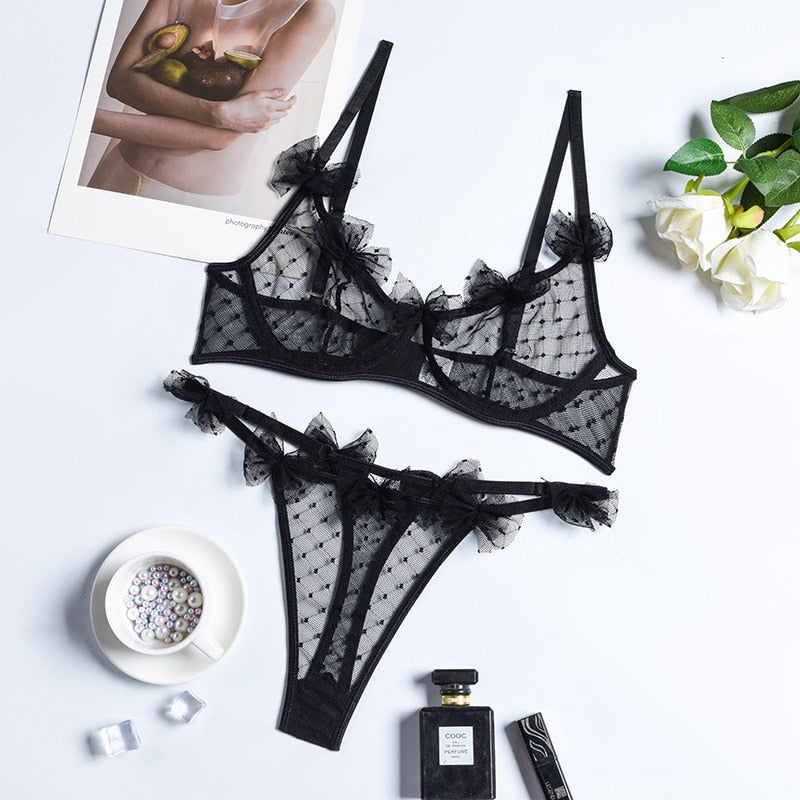 Yimunancy 2-Piece Lace Bra Set Women Dot Mesh Lingerie Set Black Fancy Panty Sexy Exotic Set