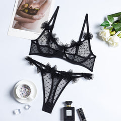 Yimunancy 2-Piece Lace Bra Set Women Dot Mesh Lingerie Set Black Fancy Panty Sexy Exotic Set