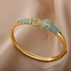 Blue Crystal Cuff Bracelet Double Leopard Design Bracelet