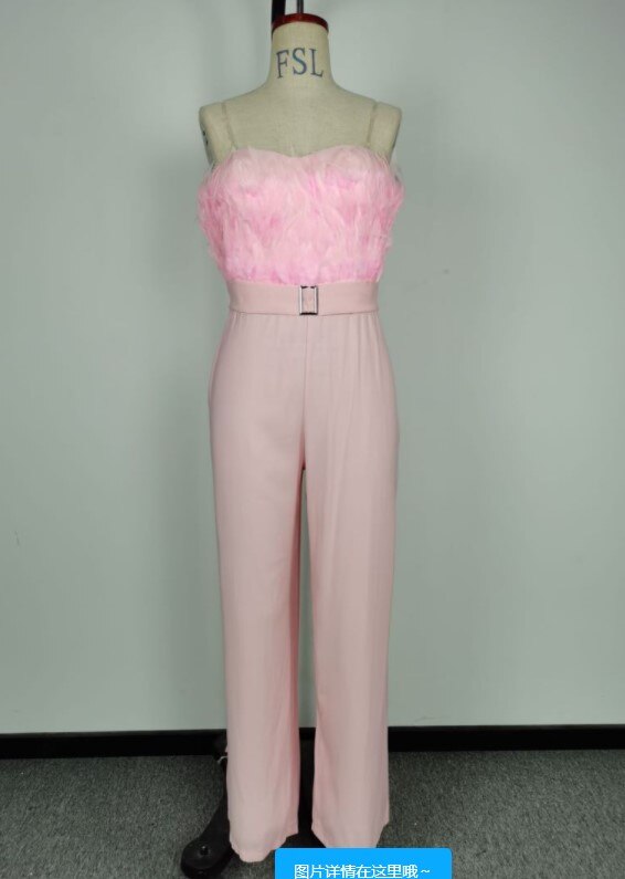 Valeria Feather-Trim Strapless Wide-Leg Jumpsuit One-piece