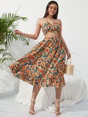KEBY ZJ Summer Boho Bikini Set Dress Chic Women Elastic Waist Two Pieces Skirt with Female Beach Holiday Floral Print Midi Sets