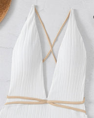 Plain Ribbed Lace Up Plunging One-Piece Swimsuit