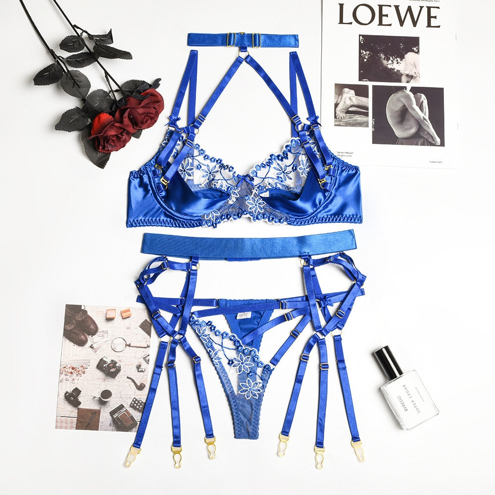 Yimunancy 3-Piece Lace Lingerie Set Women Embroidery Floral Halter Bra Underwire + Thong Underwear Set Pink Bandage Sexy Bra Set