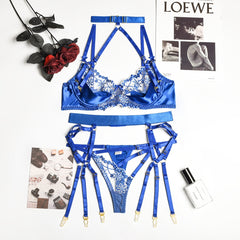 Yimunancy 3-Piece Lace Lingerie Set Women Embroidery Floral Halter Bra Underwire + Thong Underwear Set Pink Bandage Sexy Bra Set