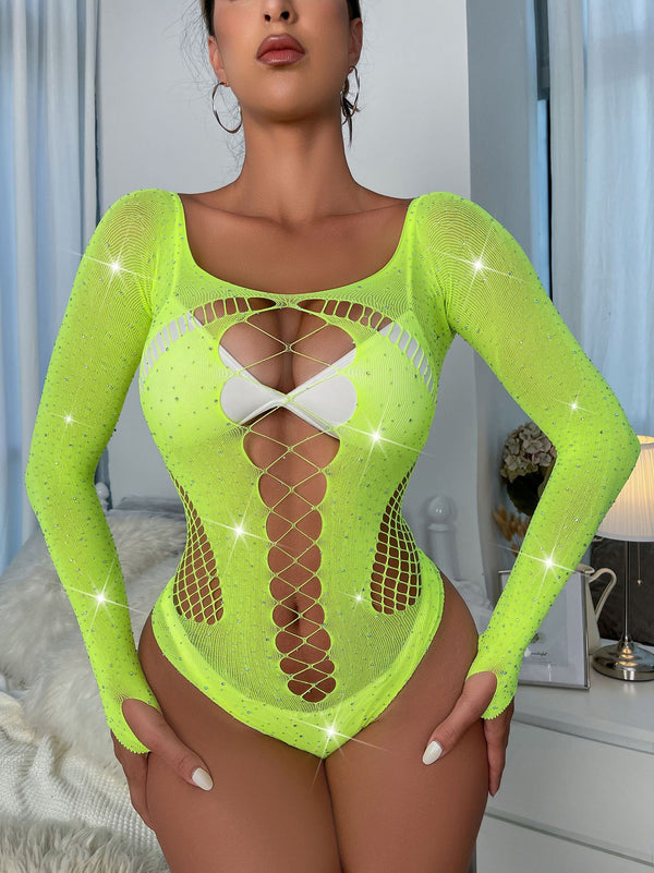 Celina Rhinestone Mesh Bodysuit One-piece